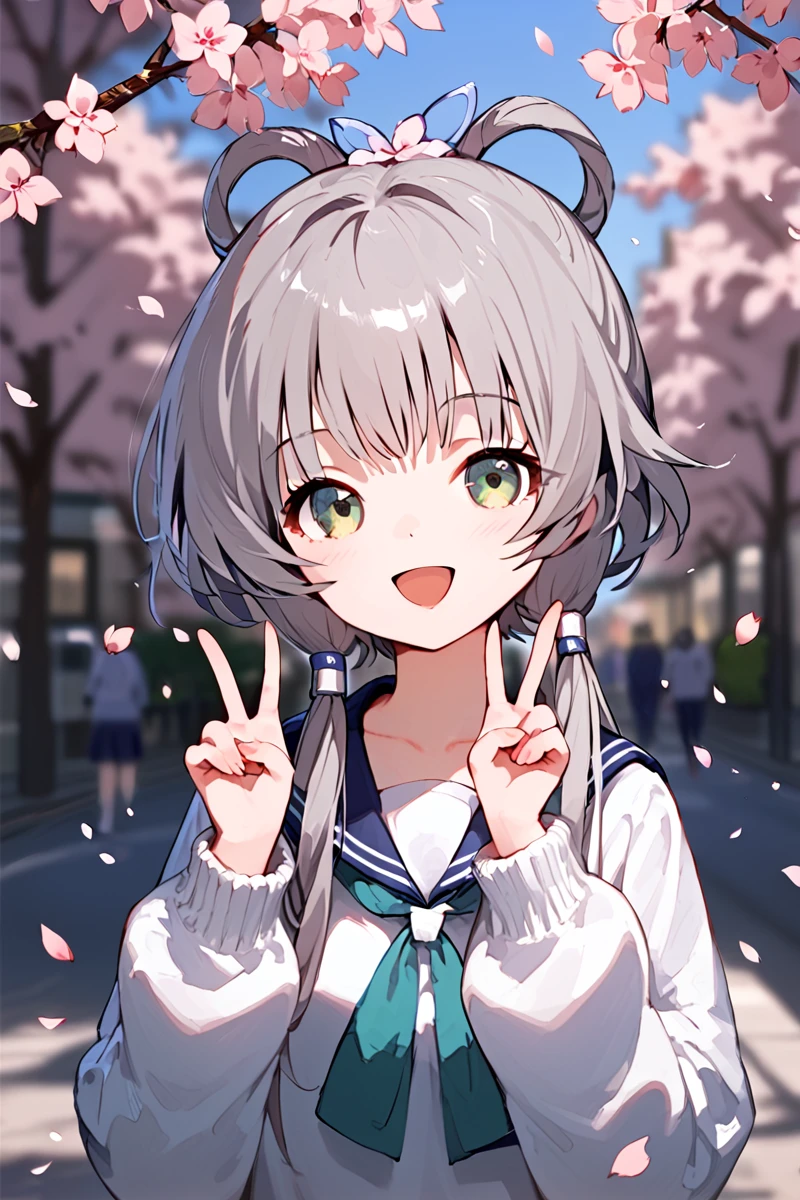 score_9, score_8_up, score_7_up, source_anime,1girl, solo, school uniform, sweater, light smile, double v, looking at viewer, smile, open mouth, outdoors, street, cherry blossoms, petals, depth of field, green eyes, grey hair, ornament, flower, hair rings, 
<lora:luotianyi_pony:1>