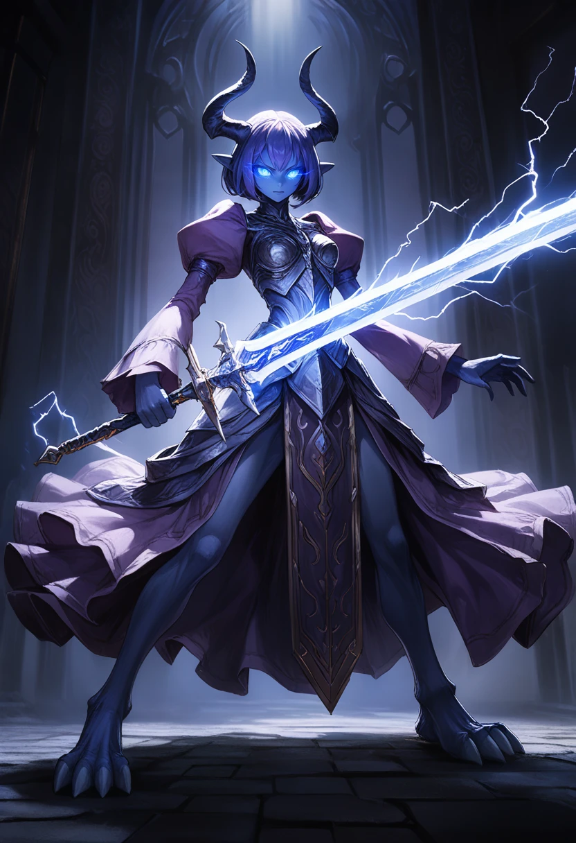 (Quasarcake:0.7) wallpaper 4k 8k high-resolution full-body 1girl solo monster-girl Draenei purple-gown long-sleeves horns blue-skin glowing-eyes blue-eyes (hooved-feet) (Digitigrade) skirt holding-sword lightning-sword
absurdres highly-detailed best-quality masterpiece amazing-shading cinematic-lighting detailed-illustration
