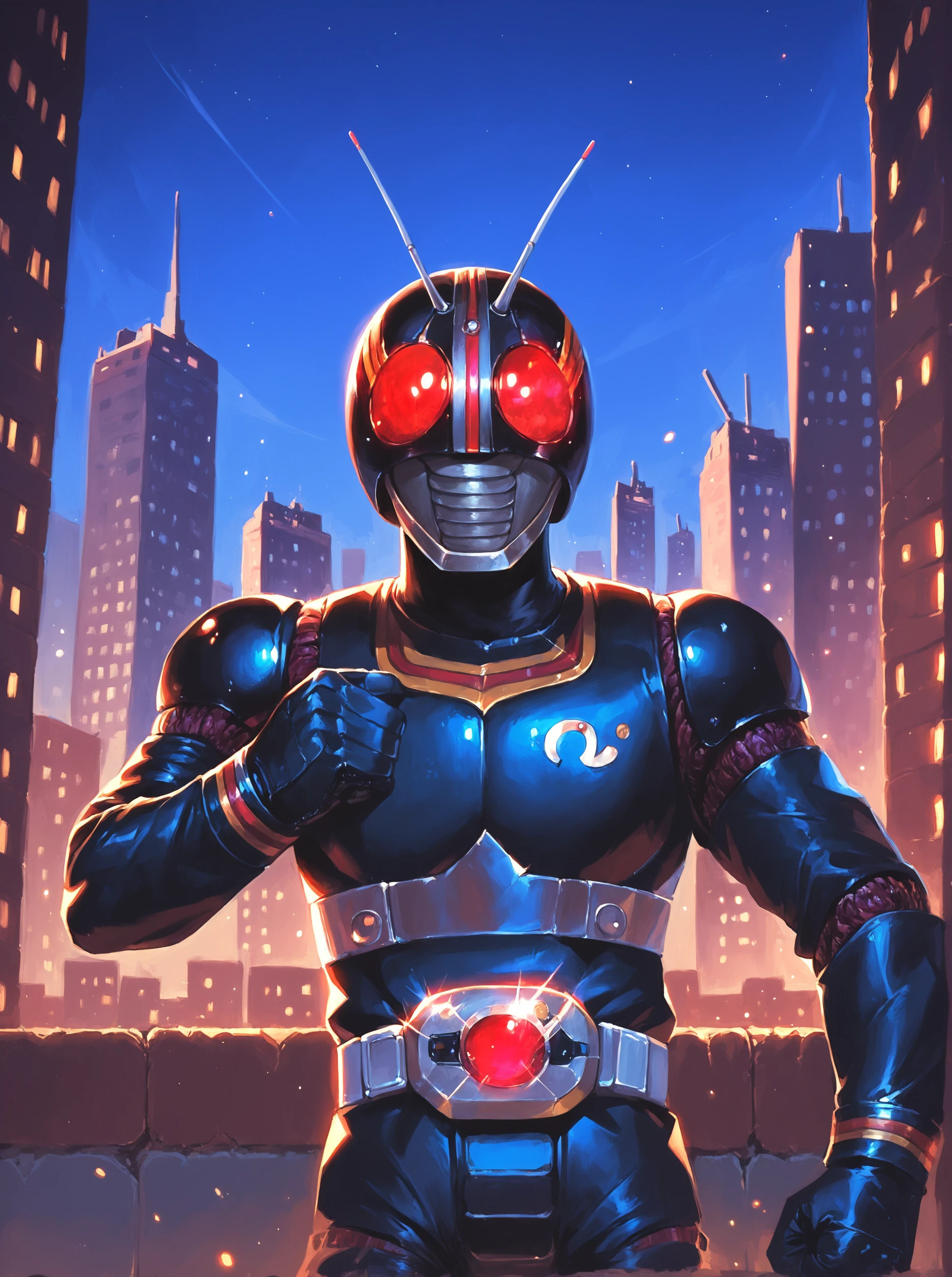 score_9, score_8_up, score_7_up, masterpiece, source_realistic, kamen rider, 1boy, solo, male focus, antennae, belt, helmet, pose, glowing eyes, city, night<lora:sn0wStyle:1> <lora:HKHorrorXL:1>,    <lora:Kamen_rider_black_1987:1>