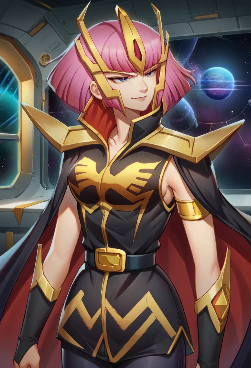 score_9, score_8_up, source_anime, 1girl, solo, HamanZeon, short hair, crown, shoulder armor, black uniform, gold symbol, print uniform, gold trim, high collar, sleeveless, cape, bridal gloves, black gloves, belt, black pants, smirk, indoors, spaceship, interior, space, window, <lora:ChamHamanKarnPonyXL:1>