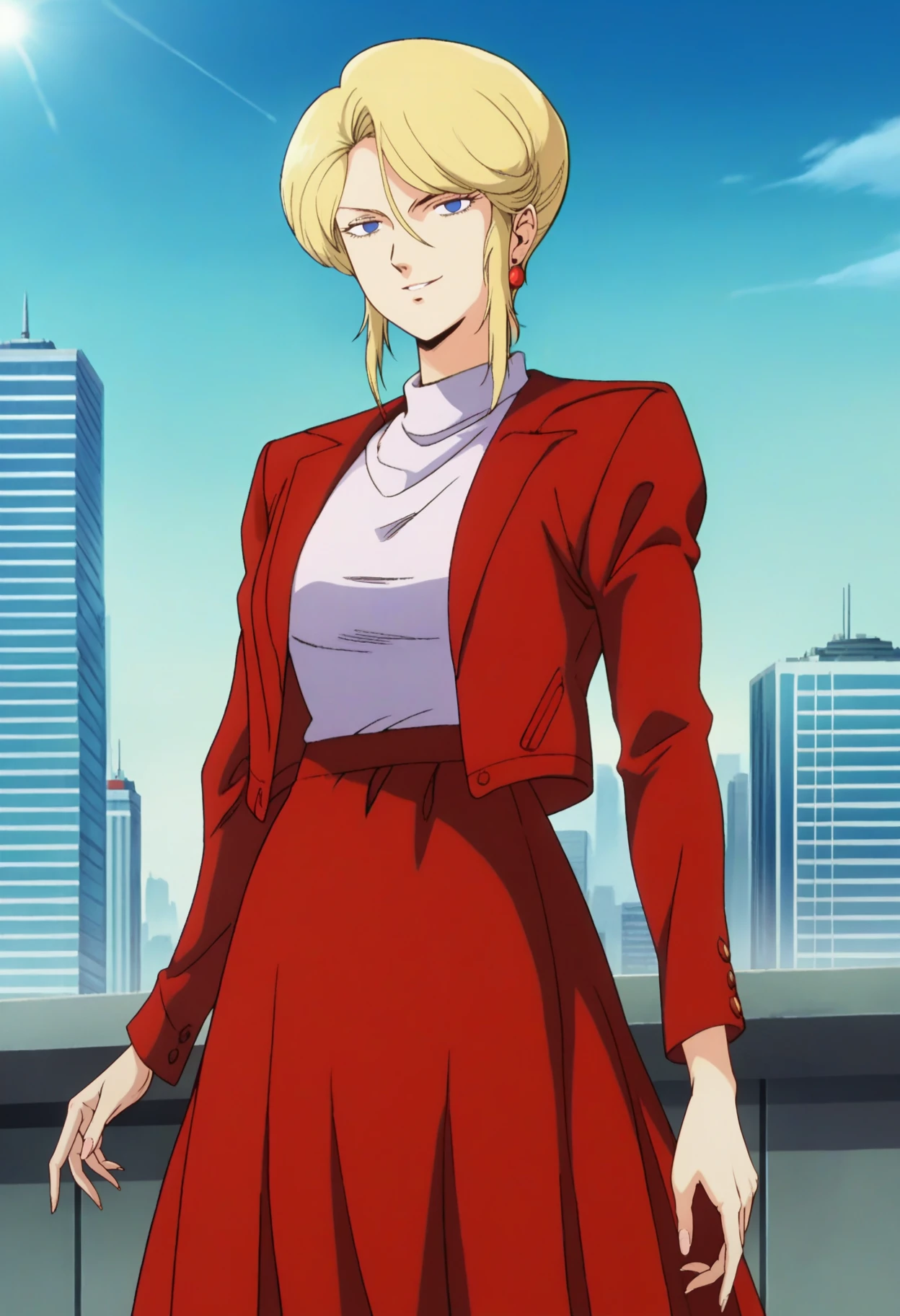 score_9, score_8_up, score_7_up, score_6_up, source_anime, <lora:HamanKarn:0.7>, HamanKarnDisguising, blonde hair, short hair, blue eyes, empty eyes, sidelocks, earrings,
turtleneck, red jacket, long skirt, red skirt, red high heels,
looking at viewer, seductive smile, standing, upper body, 
BREAK, blue sky, sunlight, cityscape,