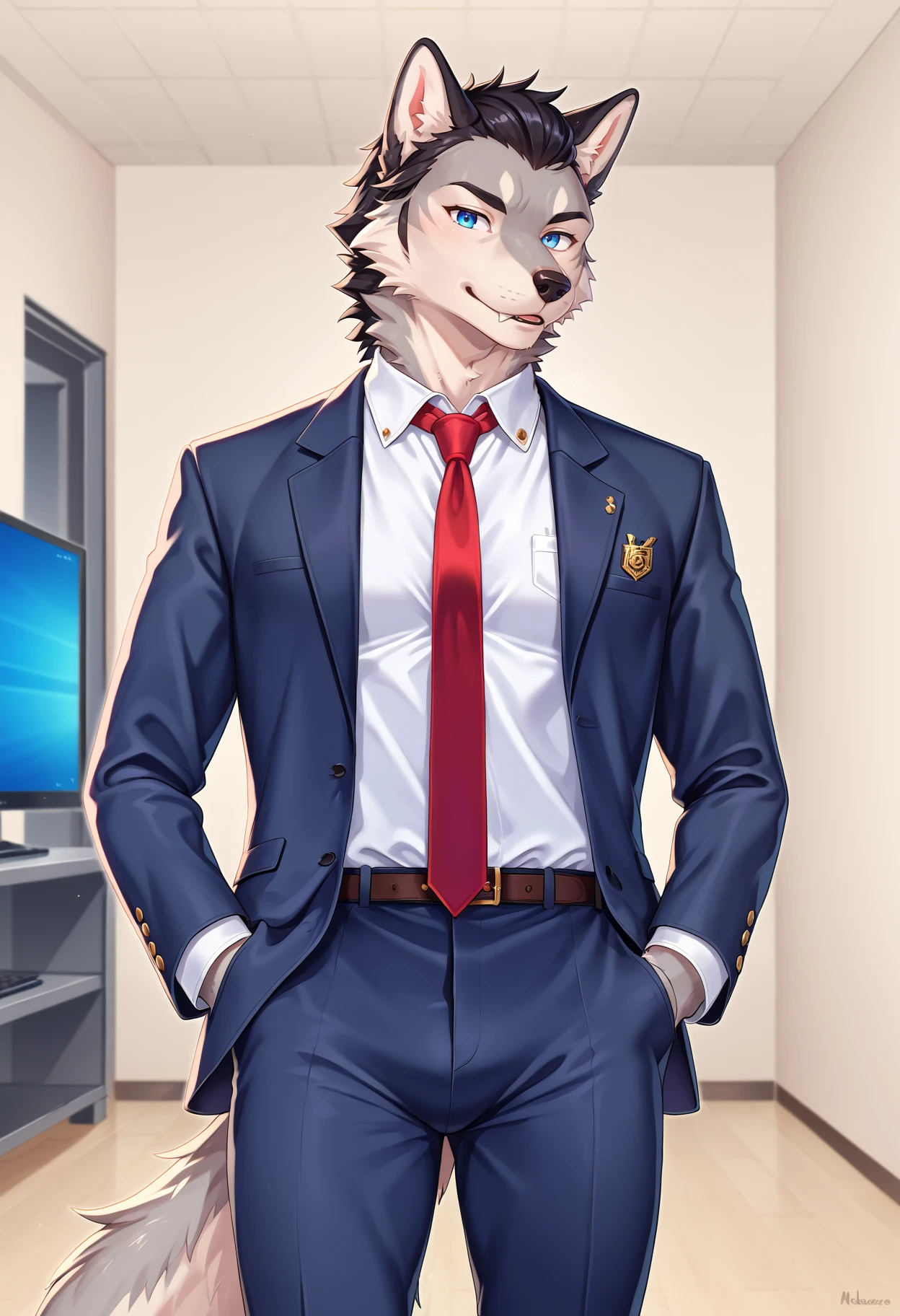 a sexy anthropomorphic wolf in a dapper suit, explicit soft mist, best_quality, blue eyes, grey fur, fluffy tail, dadbod, suit and tie, drawn by meesh, hands in pockets, black hair, long black hair, office background, looking at the camera, CEO energy, grey wolf, dominant male, cocky.
BREAK
score_9, score_8_up, score_7_up , source_anime, <lora:shitae_style:-1.0>