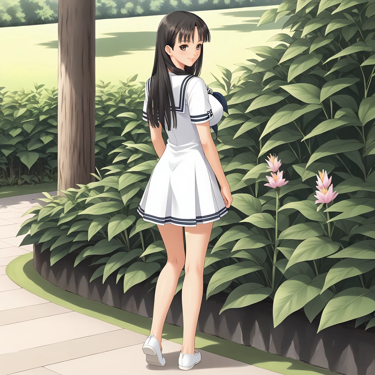 <lora:SnIMnI_AsaMizushimaXLpony006>,
looking at viewer,smile,
solo,
AsaMizushima,1girl,black hair,long hair,brown eyes,
large breasts,
sailor,white sailor color,white dress,short_sleeves,short dress,
outdoors,
full body,standing,looking back,from behind,