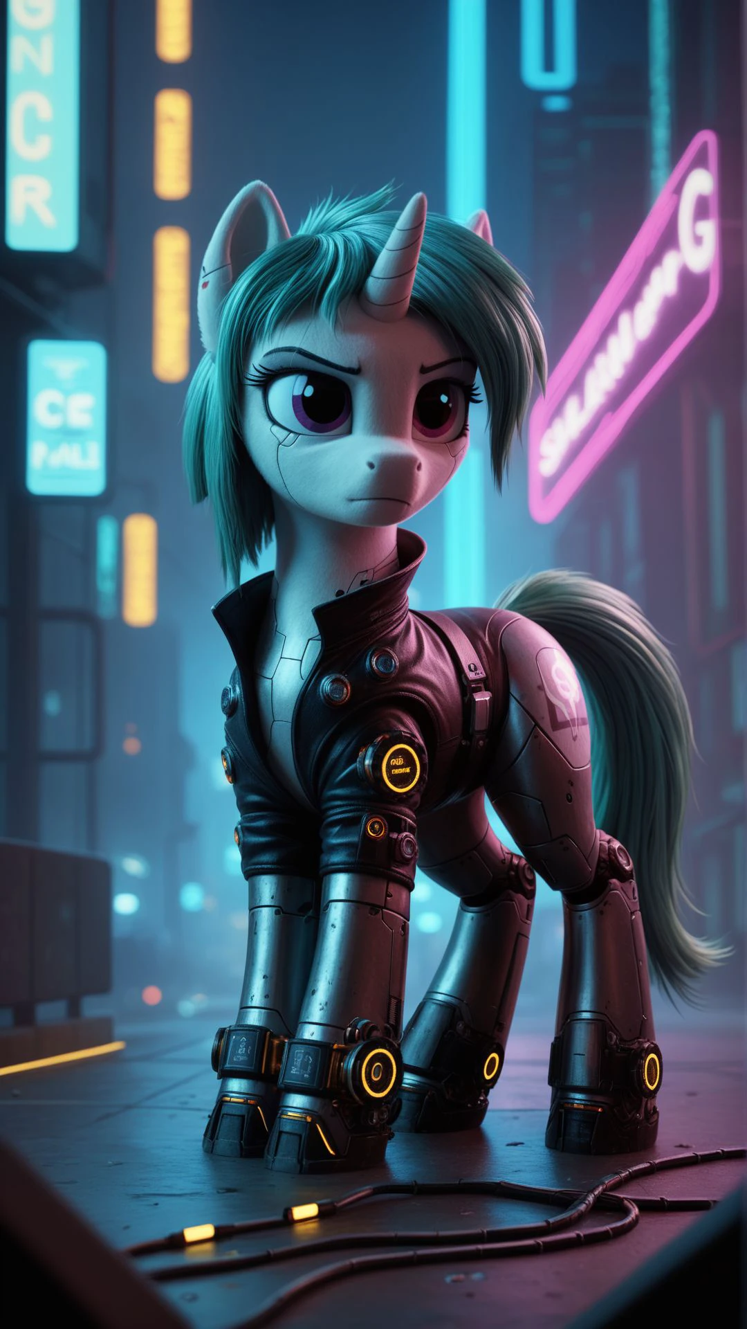 Steampunk, futuristic, best quality, high quality, highly detailed, a detailed portrait, solo, (female pony, unicorn), (cyberpunk, mechanical), (metal and wires in mane and tail), (wearing a leather outfit), (holding a gear), city, skyscrapers, neon lights, dark, gritty, score_9, score_8_up, score_7_up,