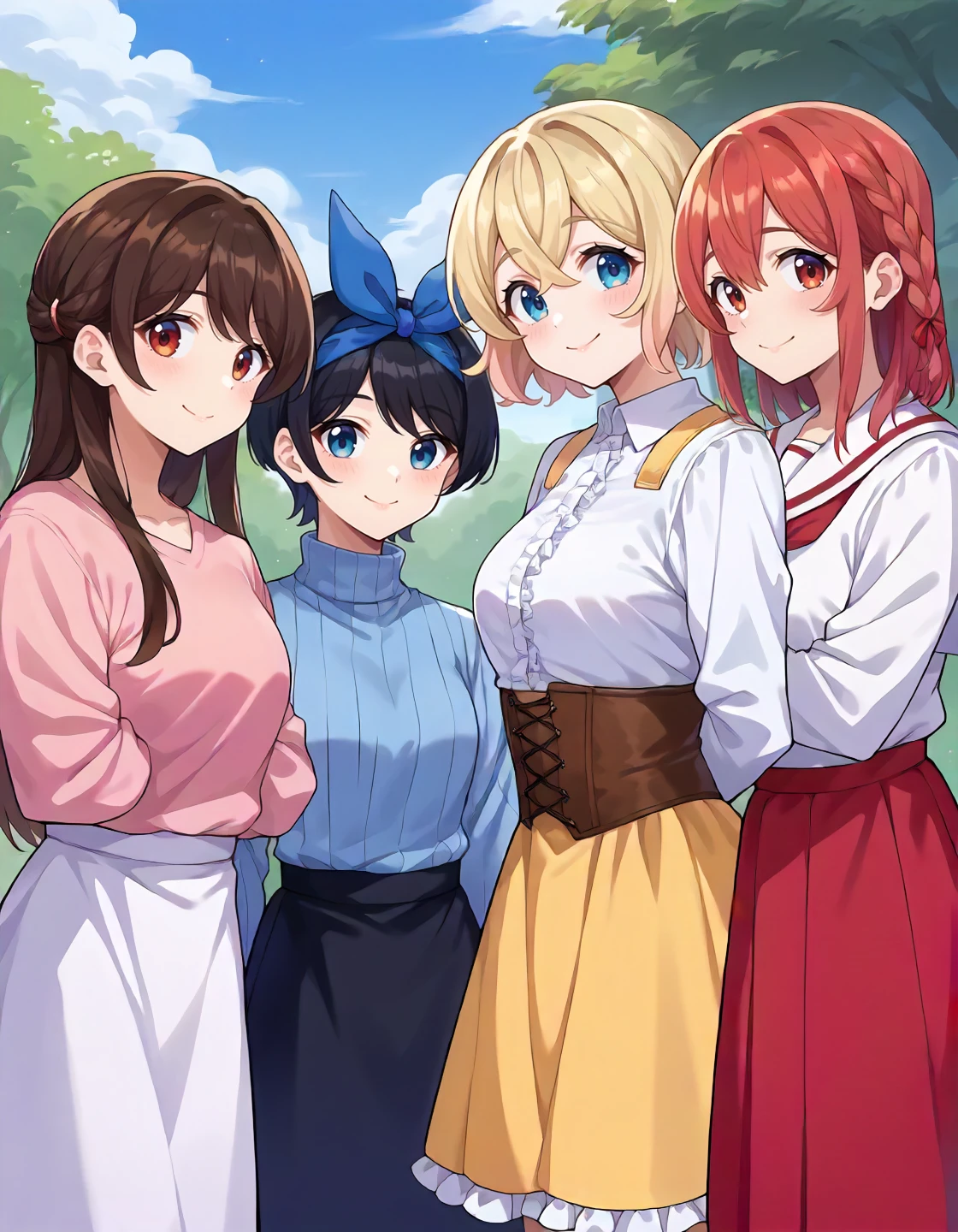 score_9, score_6_up, source_anime, 4girls, outdoors, cowboy shot, smile, looking at viewer, <lora:rent_a_girlfriend_XL:0.25>
BREAK chizuru, long hair, brown hair, brown eyes, pink shirt, white skirt, red ribbon,
BREAK ruka, short hair, black hair, blue hairband, blue bow, blue eyes, white sweater, turtleneck, vertical stripes, long sleeves, black skirt, miniskirt,
BREAK mami, short hair, blonde hair, blue eyes, white shirt, brown corset, yellow skirt, frilled skirt,
BREAK sumi, medium hair, red hair, red eyes, side braid, white shirt, white sailor collar, long sleeves, red ribbon, red skirt,