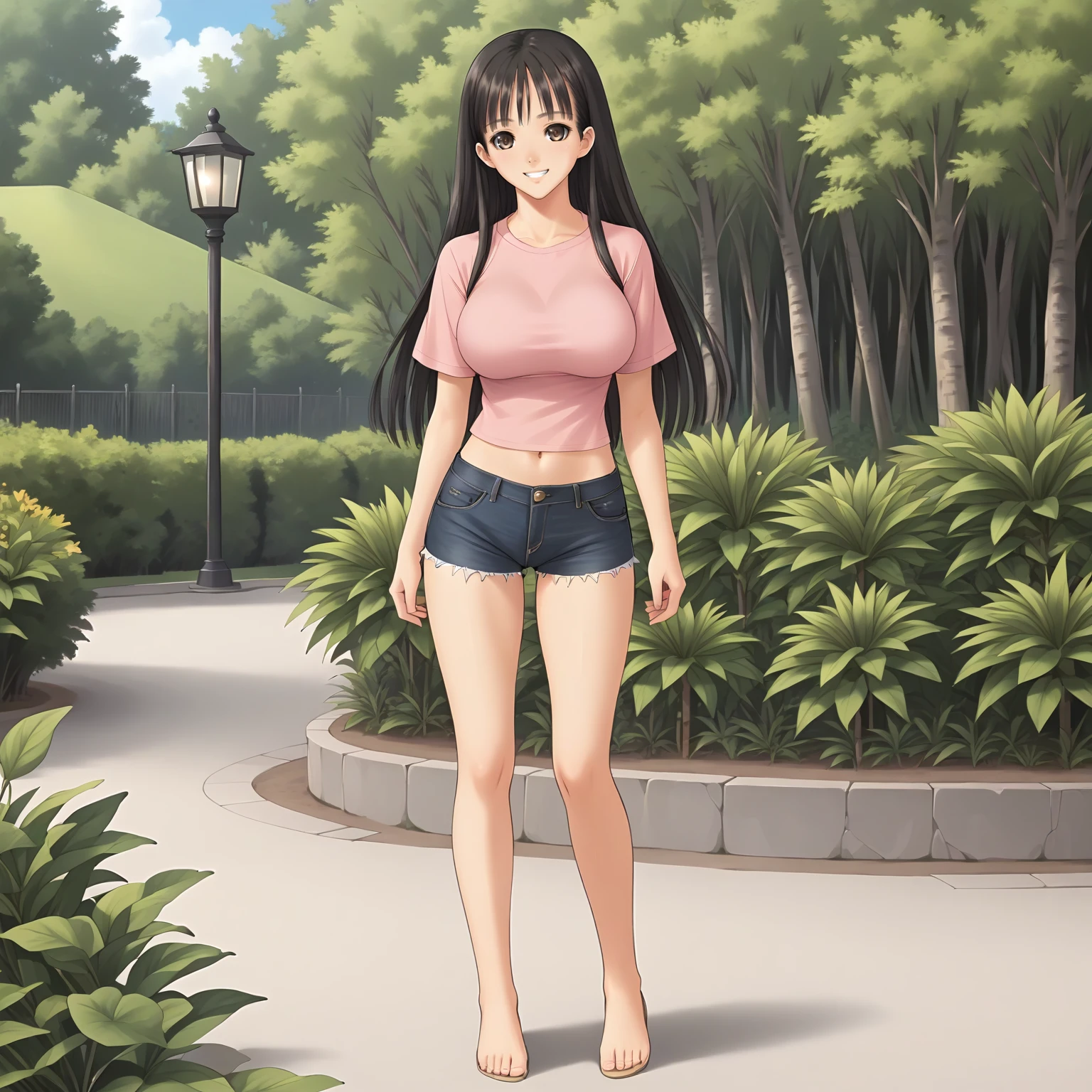 <lora:SnIMnI_AsaMizushimaXLpony006>,
smile,
solo,
AsaMizushima,1girl,black hair,long hair,brown eyes,
large breasts,
pink shirt,short_sleeves,
navel,
denim shorts,
outdoors,
full body,standing,