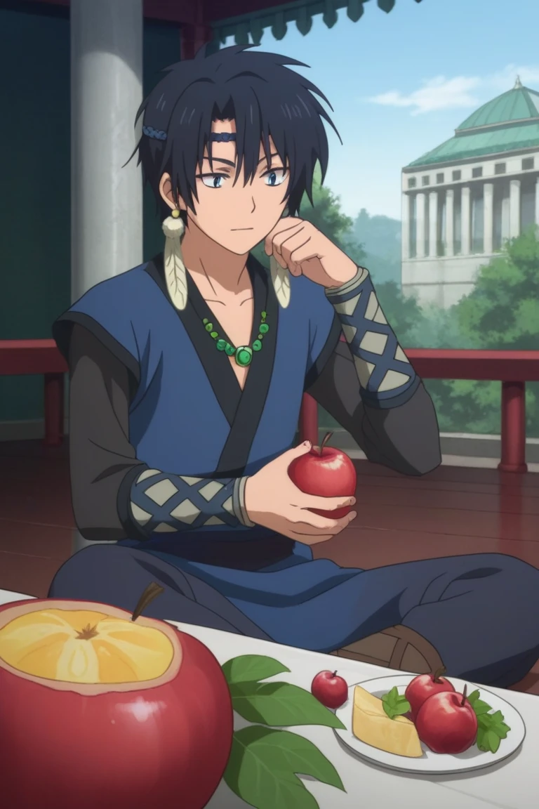 score_9, score_8_up, score_7_up, score_6_up, masterpiece, best quality, amazing quality, best aesthetic, absurdres, intricate details,
hak_tn, black hair, blue eyes, earrings, headband, 1boy, male focus, solo, sitting, jewelry, necklace, fruit, pillar, apple, food, indian style<lora:EMS-452661-EMS:1.000000>