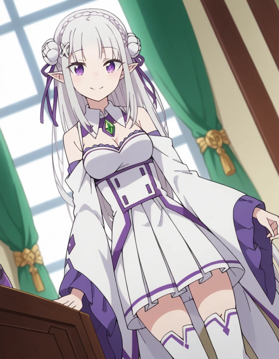 score_9, score_8_up, score_7_up, source_anime, <lora:rezero-emilia-s3-leak-ponyxl-lora-nochekaiser:1>, emilia, braid, crown braid, flower, hair flower, hair ornament, hair ribbon, long hair, pointy ears, purple eyes, white hair, x hair ornament,, detached collar, detached sleeves, frilled sleeves, frills, long sleeves, miniskirt, pleated skirt, ribbon, skirt, thighhighs, white skirt, white sleeves, white thighhighs, wide sleeves, zettai ryouiki,, indoors, smile, looking at viewer, solo,, cowboy shot, dutch angle