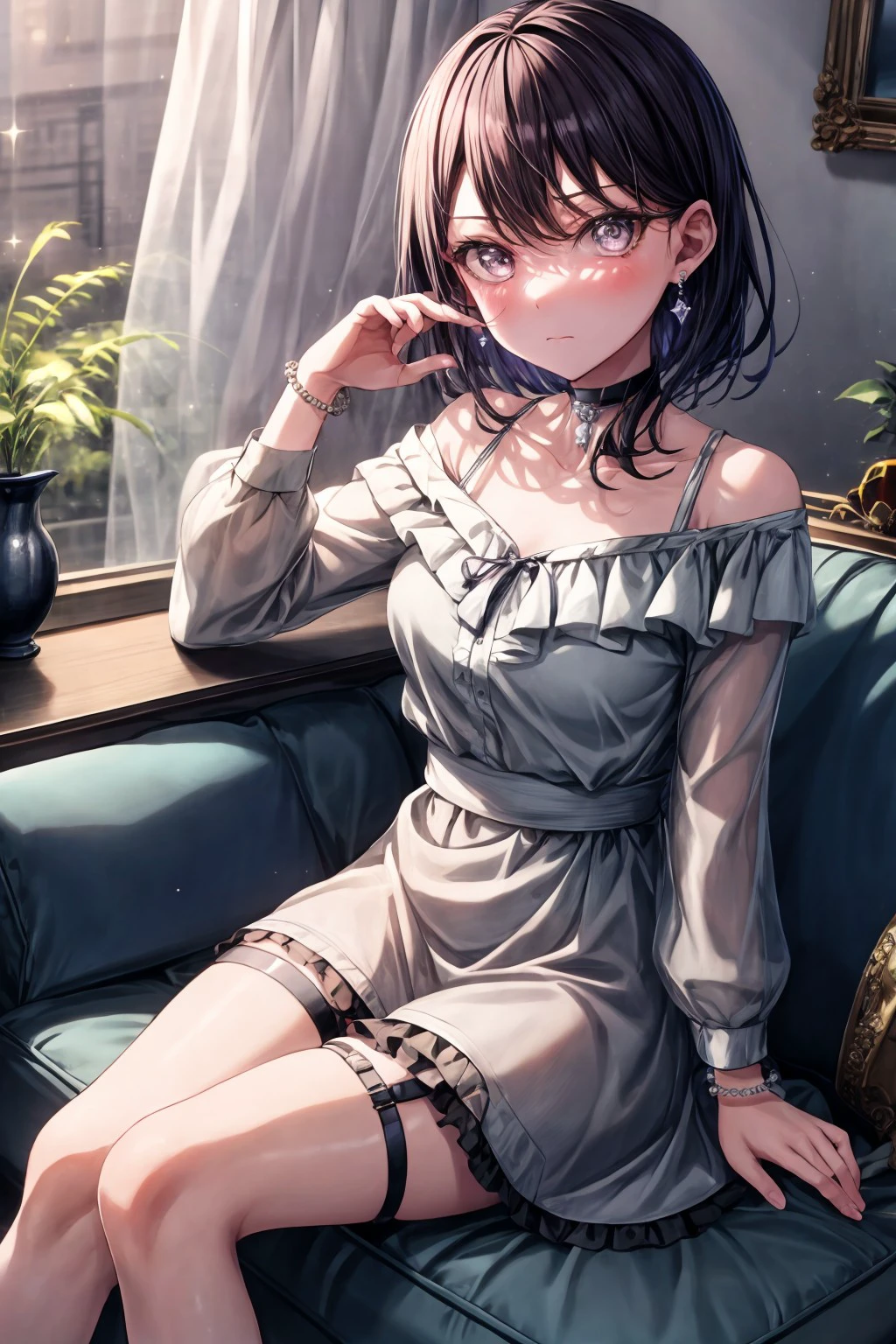 (masterpiece), best quality, expressive eyes, perfect face, takishiina, looking at viewer, blush, long sleeves, dress, ribbon, bare shoulders, jewelry, sitting, closed mouth, collarbone, flower, earrings, frills, choker, indoors, hand up, off shoulder, bracelet, cup, sparkle, thigh strap, feet out of frame, black choker, table, frilled dress, plant, curtains, gem, couch, light particles, beads, off-shoulder dress, purple ribbon, lamp, teapot, on couch, vase, asymmetrical sleeves, blue gemstone, green gemstone, pearl (gemstone), purple gemstone, <lora:more_details:0.7>, <lora:a75fa2e0-ab76-4620-905b-87ca47d5bd7a:0.7>