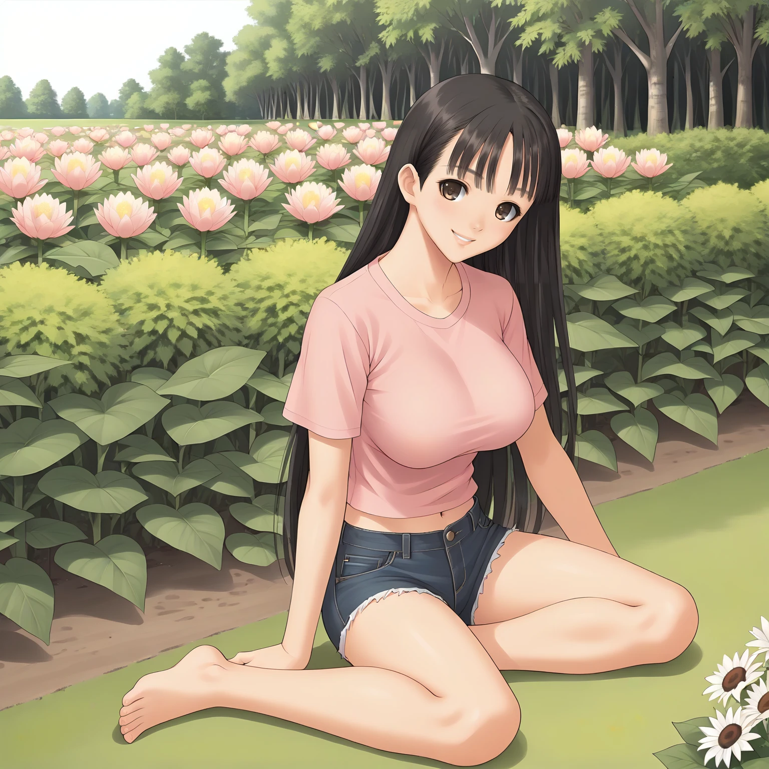 <lora:SnIMnI_AsaMizushimaXLpony006>,
smile,
solo,
AsaMizushima,1girl,black hair,long hair,brown eyes,
large breasts,
pink shirt,short_sleeves,
navel,
denim shorts,
outdoors,
full body,sitting,