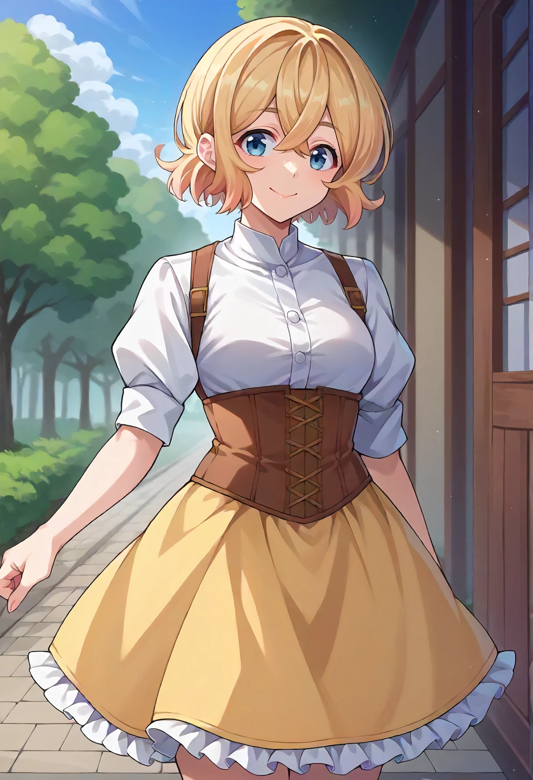 score_9, score_6_up, source_anime, 1girl, solo, outdoors, cowboy shot, mami, short hair, blonde hair, blue eyes, white shirt, brown corset, yellow skirt, frilled skirt, smile<lora:rent_a_girlfriend_XL:1>