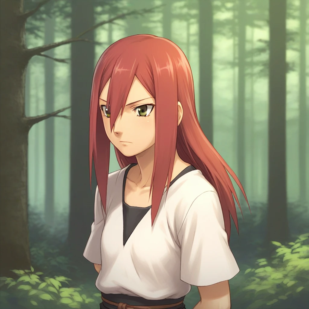 score_8_up, BREAK, 1girl, solo, tayuya, red hair, long hair, brown eyes, tunic, upper body, outdoors, forest,  arms at sides, <lora:Tayuya_YuasaStyle_PXL_Leaf1:1>