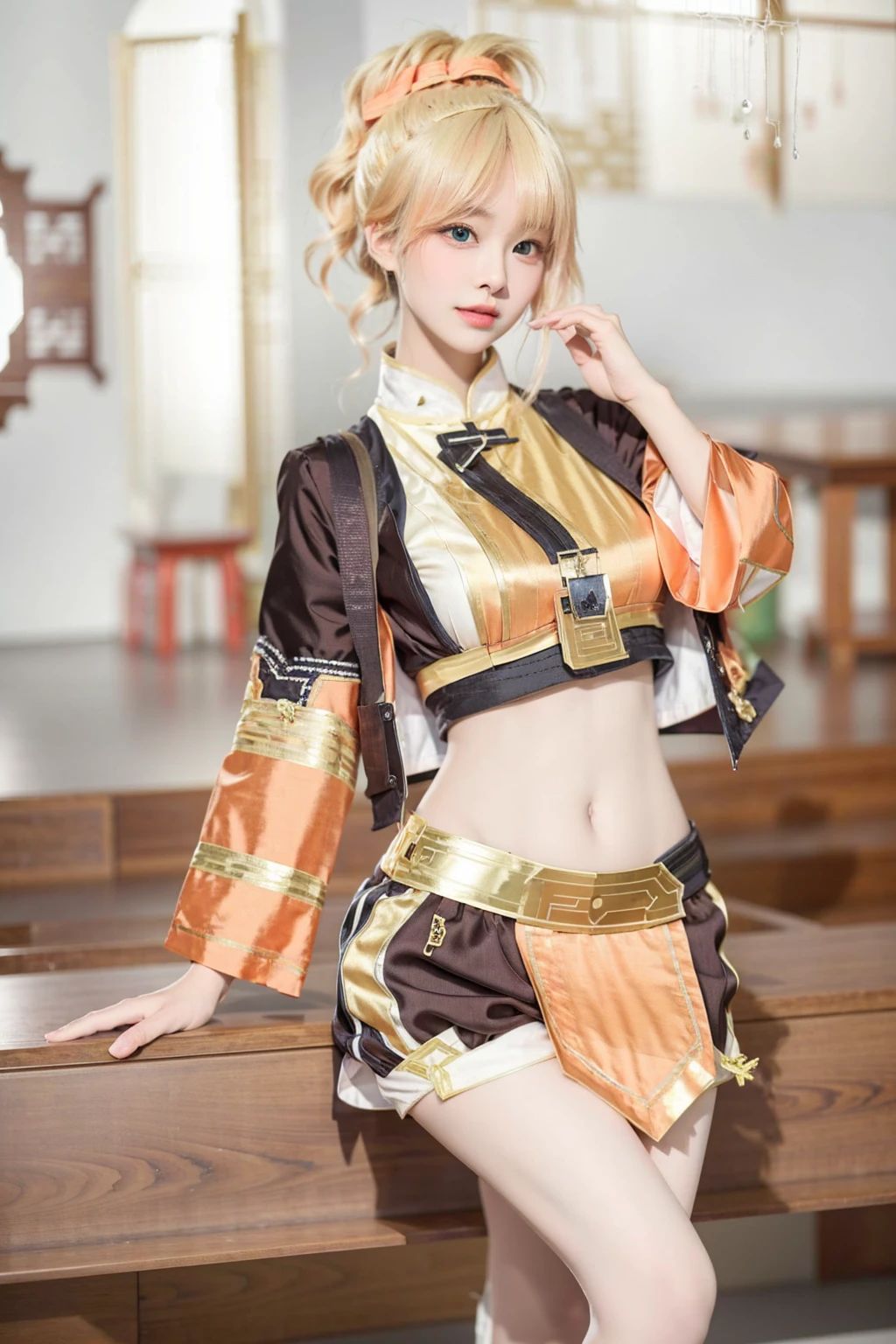 (masterpiece:1.2),best quality,8k, 4k, ultrarealistic,HD,UHR,8K,Studio lighting,(realistic),narrow waist,slender,petite,(natural skin), (textured skin),looking at viewer,fair skin, good figure,looking at viewer,Chinese garden,(huge breasts:1.3),(sexy),(ulzzang-6500-v1.1:1.1),(fair skin:1.1),1girl, hair ornament,full body,looking at viewer, midriff, navel, solo, ,jixiaoman, blonde hair, shorts, solo, blue eyes, leg warmers, black jacket, midriff<lora:jixiaoman:0.8>