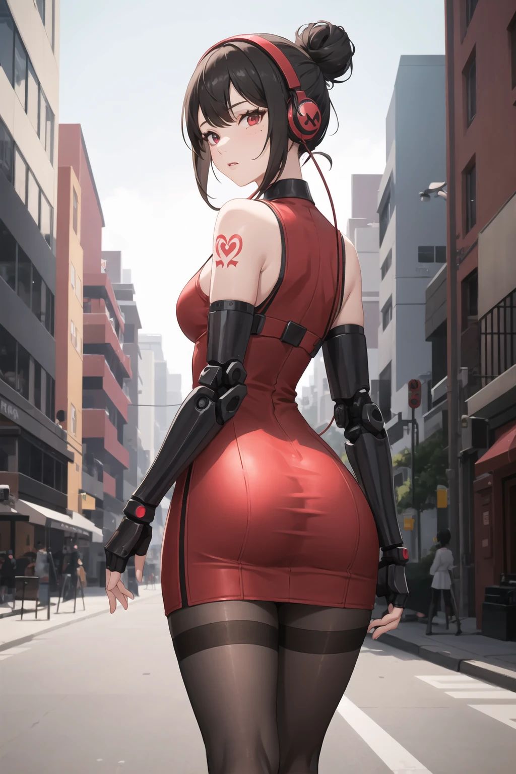 1bunny woman, bunny ears, black hair, one long ponytail, red flower on the head, make-up, red eyes, glasses, red lipstick, serious face, red and black chinese dress, long black gloves, long black stockings, red heels, big breasts, big ass 