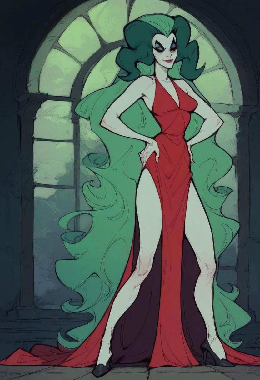 score_9_up, score_8_up, score_7_up, score_6_up, solo, apparitia, (long veil), green hair, red dress, high heels, standing in a (spooky old mansion), hands on hips, sexy smile, (painted art), (realistic)