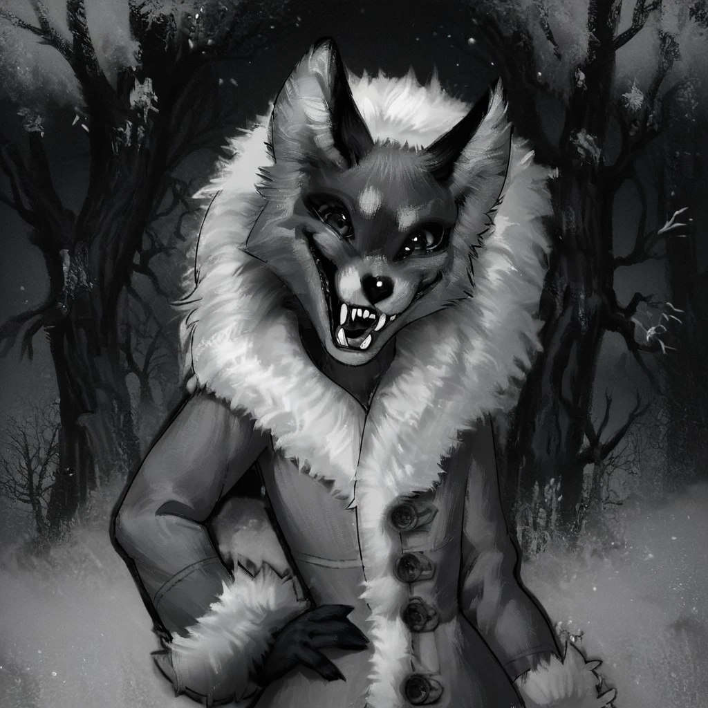 score_9, score_8_up, score_7_up, score_6_up, score_5_up, furry, 1girl, monochrome, looking at viewer, upper body, open mouth, fangs, tail, smile, animal, tree, solo, sharp teeth, full body, hand on hip, coat