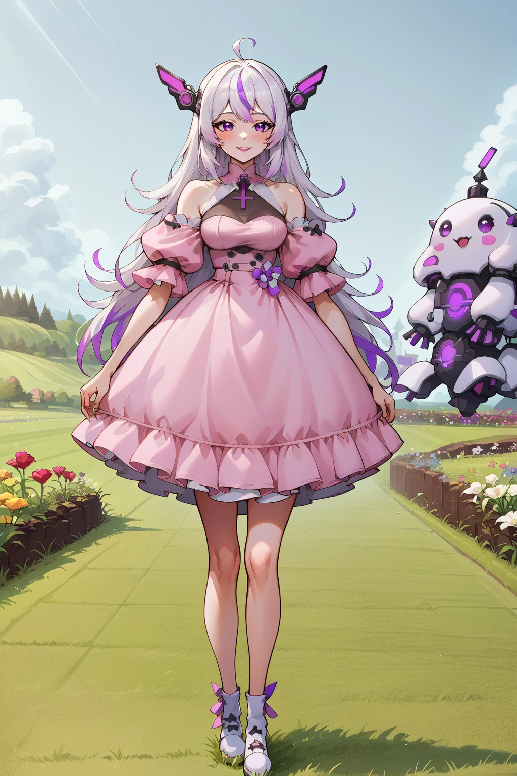 score_9, score_8_up, score_7_up BREAK source_anime,1girl,solo,smile,
wearing edgprpi_dress,pink dress, lipstick standing, flower, short sleeves, outdoors, puffy sleeves, grass,
<lora:edgPrettyPinkPony-000004:1>
 <lora:MeinaXL:1> meina, bare shoulders, headgear, virtual youtuber,white hair,streaked purple hair,purple eyes