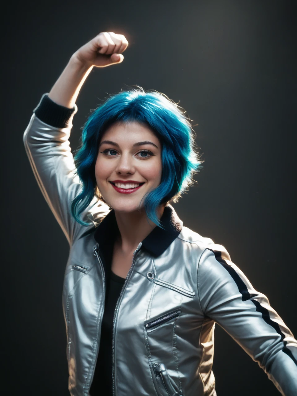 realistic<lora:melwinstead_v1.7_everclear:1>jacket,melwinstead,blue hair,dynamic pose,grin,dynamic angle, best quality,masterpiece,, realistic,cinematic,score_9, score_8_up, score_7_up,