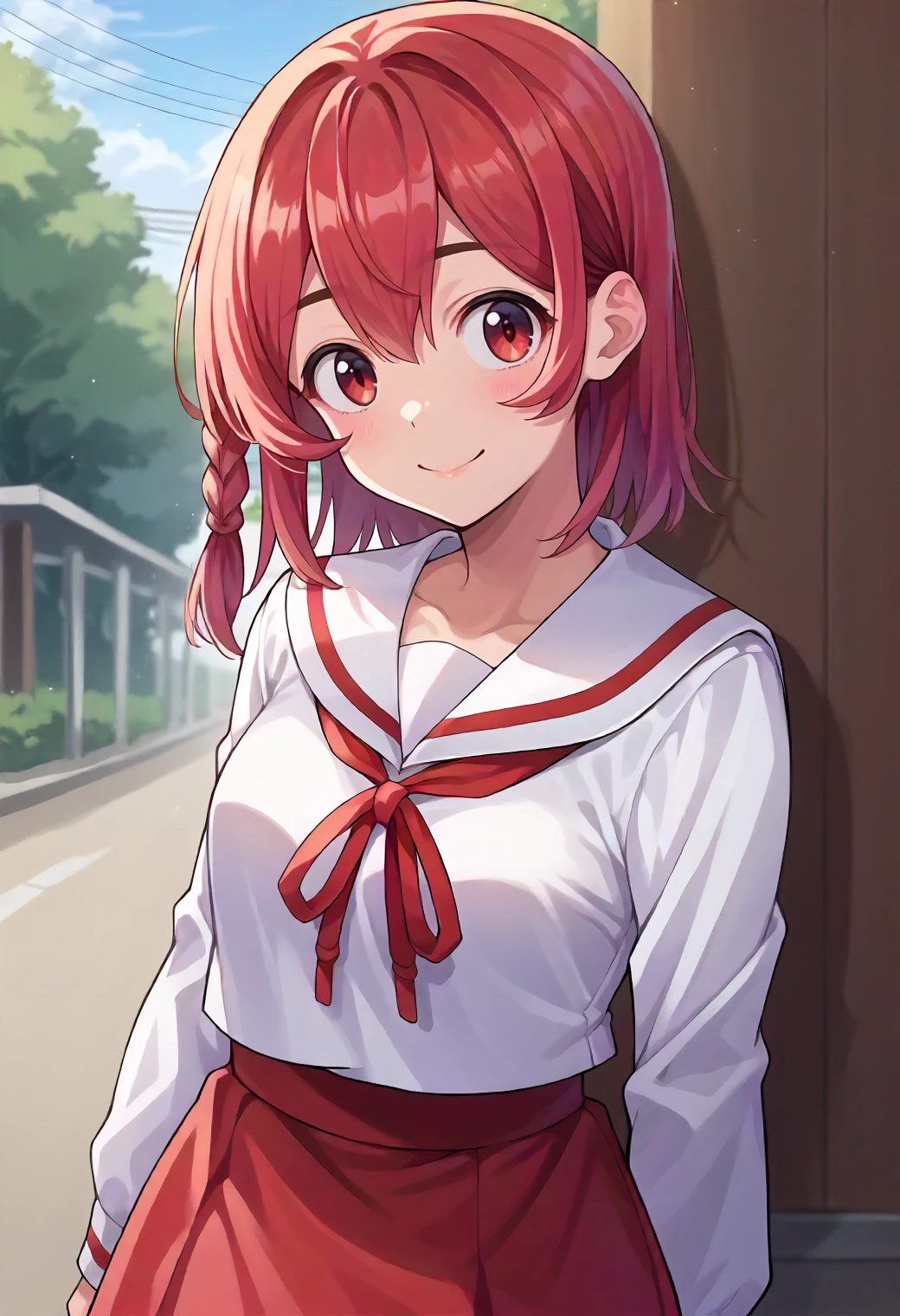 score_9, score_6_up, source_anime, 1girl, solo, outdoors, cowboy shot, sumi, medium hair, red hair, red eyes, side braid, white shirt, white sailor collar, long sleeves, red ribbon, red skirt, smile<lora:rent_a_girlfriend_XL:1>