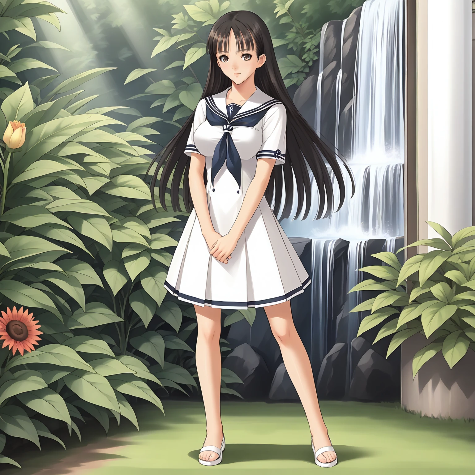 <lora:SnIMnI_AsaMizushimaXLpony006>,
solo,
AsaMizushima,1girl,black hair,long hair,brown eyes,
large breasts,
sailor,white sailor color,white dress,short_sleeves,
outdoors,
full body,standing,