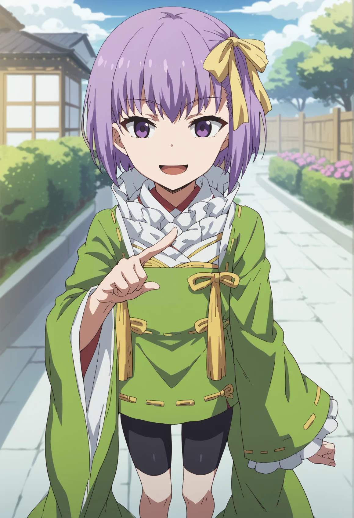 1girl, purple hair, purple eyes, short hair, single sidelock, ribbon, japanese clothes, high collar, frills, wide sleeves, long sleeves, bike shorts, mesugaki, flat chest, chestnut mouth, smile, pointing at viewer, outdoors, garden <lora:Kazuradrop_XL:1> <lora:Carnival:1>, score_9, score_8_up, score_7_up, score_6_up, score_5_up, score_4_up, BREAK source_anime, masterpiece