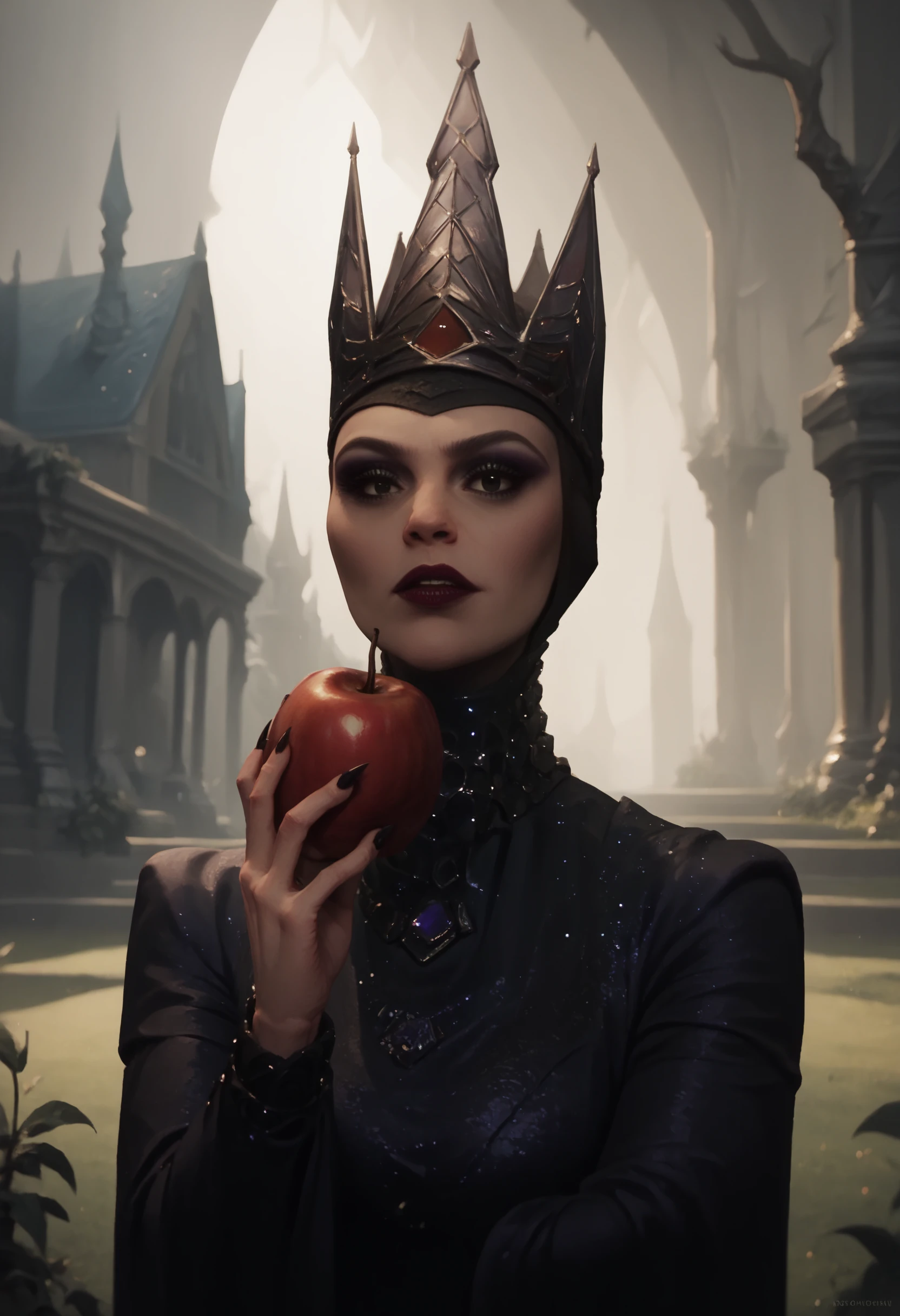 scorscore_9, score_8_up, score_7_up, score_6_up,
1girl, evil queen, <lora:evilQueenAlpha1:1>, black dress, crown, at the park, well lit, holding an apple, portrait