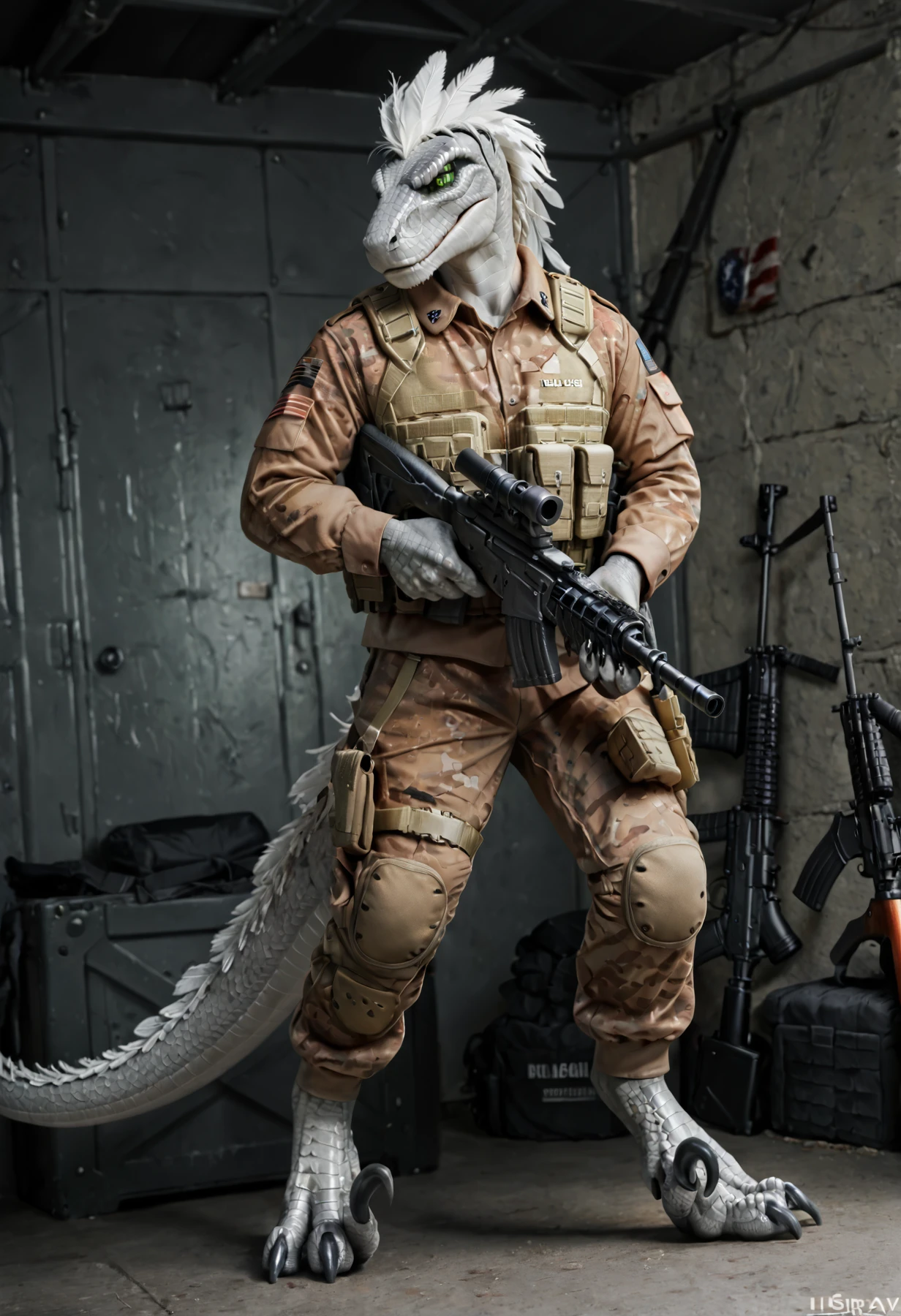 score_9, score_8_up, score_7_up, score_6_up, source_furry, a male anthro velociraptor holding a rifle in a soldier uniform, (anthro, velociraptor, dromaeosaurid), theropod, reptile, scalie, dinosaur, white hair, feather hair, clothed, furgonomics, military uniform, uniform, topwear, bottomwear, camo, detailed background, hangar, tail, angry, angry expression, expressive, (male), solo, high quality, pose, scales, detailed scales, grey scales, light green markings, realistic scales, 25 years old, (detailed eyes, brown eyes), highly detailed, beautiful, photorealistic, photorealism, photo, dslr, realistic, <lora:Furry Enhancer V5.2:0.5>, snout, claws, clawed fingers, <lora:Raptors_LoRA_v2:0.7>, (digitigrade), toe claws, sickle claws, <lora:add-detail-xl:0.5>, silgiriya mantsugosi, feathers, white feathers, feathered tail, rifle, assault rifle, ranged weapon, weapon, tactical gear, dutch angle