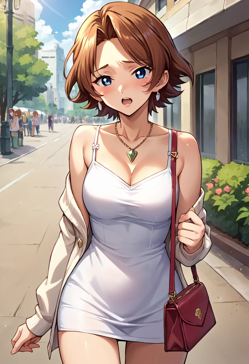 score_9, score_8_up, score_7_up, source_anime BREAK 1girl, solo, crossange_rosalie, cowboy shot, camisole dress, white cardigan, handbag, pendant, earrings, brown hair, hair intakes, short hair, blue eyes, looking at you, blush, shame, open mouth, public park <lora:crossange_rosalie:1>