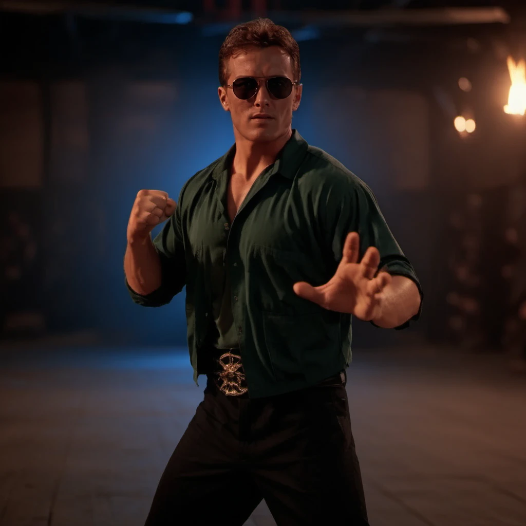 cinematic photo a full body portrait of a man, 90s style clothes , sunglasses, fight poses, on a wreastling ring <lora:JohnnyCage1995-1024:0.8> . 35mm photograph, film, bokeh, professional, 4k, highly detailed