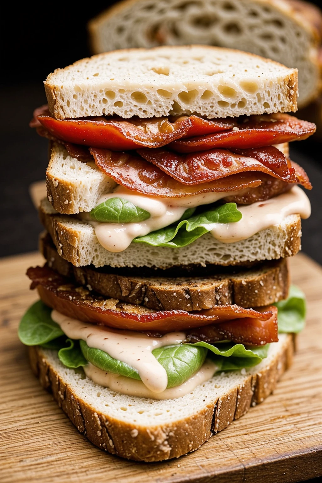 RAW photo, close up, cinematic lighting, BLT sandwich on a wooden cutting board,black background, irregular bread, fresh lettuce, bacon, ripe tomato slices, and a creamy, tangy sauce, the sandwich bread appears to be artisanal