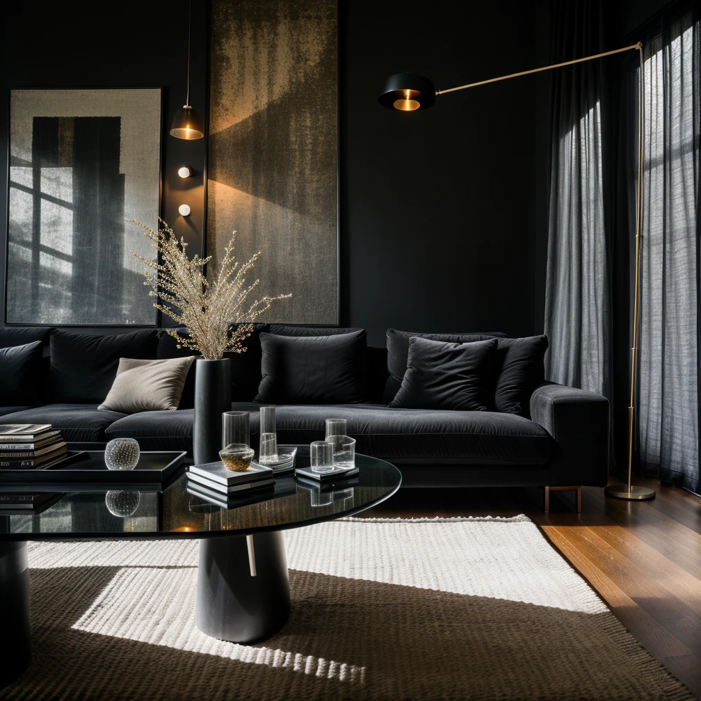 photography, black living room, dark brown twill sofa, brown wool pillows, (old black wooden floor), black glass table, (dark gray twill carpet), crystal table decorations, black gold wall, modern glass floor lamp, black ceiling, natural light,, wide shot, (black color), <lora:MM2-BLACK LIVINGROOM:0.3>, RAW photo, subject, 8k uhd, dslr, high quality, film grain, Fujifilm XT3