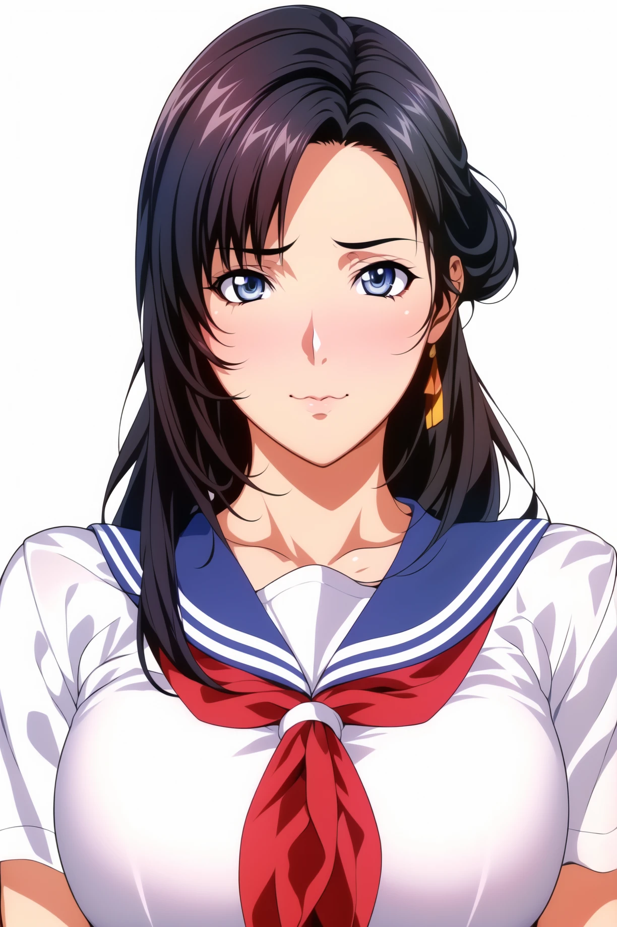 Simple Background,(White_Background:1.1),
dynamic pose,standing at attention,
white shirt, red neckerchief, blue sailor collar, school uniform, serafuku, short sleeves,blue pleated skirt,  
<lora:sayuri_DOA-KK77-V1:0.7>,
blue eyes, black hair,bangs,Long hair,Makeup, red lipstick, 
<lora:more_details:0.1>,<lora:NovelAI_YesMix5_KKStyle-KK77-Yes5-V1:0.2>,<lora:Oda_Non_Style2-KK77-Yes5-V1:0.4>,
1 girl, 20yo,Young female,Beautiful long legs,Beautiful body,
Beautiful Nose,Beautiful character design, perfect eyes, perfect face,expressive eyes,perfect balance,
looking at viewer,(Focus on her face),closed mouth, (innocent_big_eyes:1.0),(Light_Smile:0.3),
official art,extremely detailed CG unity 8k wallpaper, perfect lighting,Colorful, Bright_Front_face_Lighting,White skin,
(masterpiece:1.0),(best_quality:1.0), ultra high res,4K,ultra-detailed,
photography, 8K, HDR, highres, absurdres:1.2, Kodak portra 400, film grain, blurry background, bokeh:1.2, lens flare, (vibrant_color:1.2),professional photograph,
(Beautiful,large_Breasts:1.4), (beautiful_face:1.5),(narrow_waist),