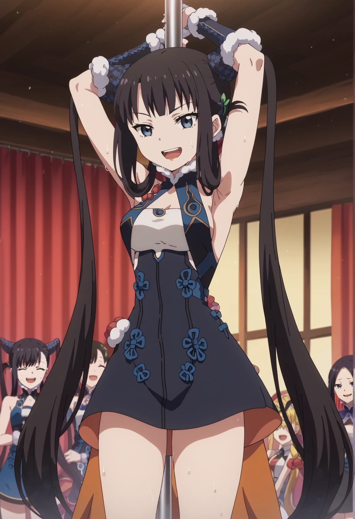 1girl, medium breasts, blue eyes, verly long hair, black hair, twintails, hair ornament, chinese clothes, cleavage, short dress, waist cape, sleeveless, wristband, fur trim, smile, open mouth, indoors, dancing, pole, pole dancing, sweat, stage, curtains <lora:Yanguifei_XL:1> <lora:Carnival:1> anime screencap, score_9, score_8_up, score_7_up, score_6_up, score_5_up, score_4_up, BREAK source_anime, masterpiece