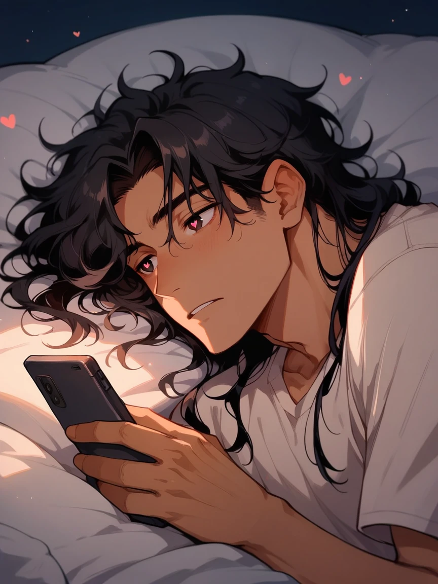 score_9, score_8_up, score_7_up, score_6_up, score_5_up,   <lora:ph0n3XLP:0.7> ph0n3, holding phone, lying, 1boy, long hair, black hair, black eyes, heart-shaped pupils, night, glow, tan, messy hair, <lora:f4c14lh41rXLP:0.7> f4c14lh41r, b6, facial hair,