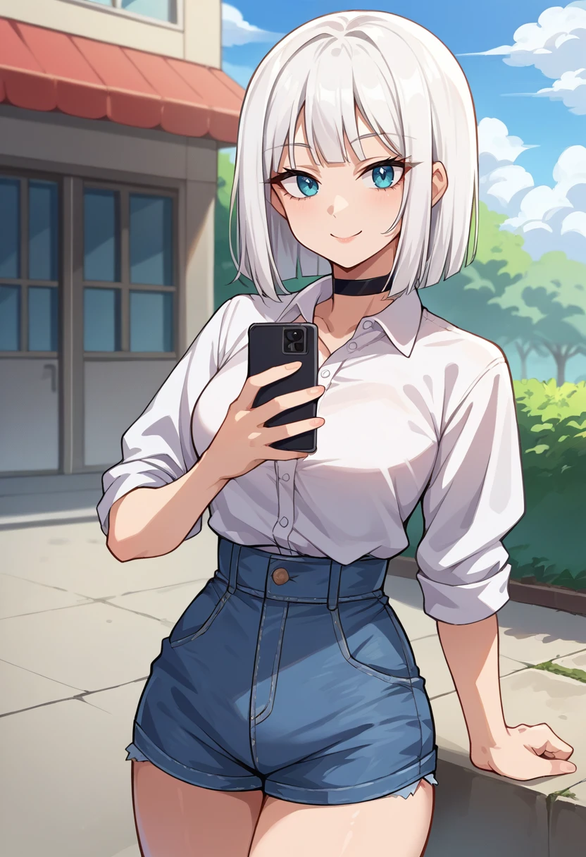 score_9, score_8_up, source_anime, 1girl, solo, GinaBoyd, short hair, bob cut, white hair, white shirt, dress shirt, black choker, holding cellphone, denim shorts, high-waist shorts, outdoors, smile, <lora:ChamGinaBoydPonyXL:1>