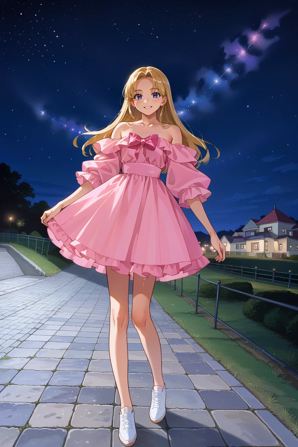 score_9, score_8_up, score_7_up BREAK source_anime,1girl,solo,smile,
wearing edgprpi_dress,pink dress,  long hair, looking at viewer, blonde hair, bare shoulders, standing, outdoors, shoes, night, starry sky
 <lora:edgPrettyPinkPony:1>