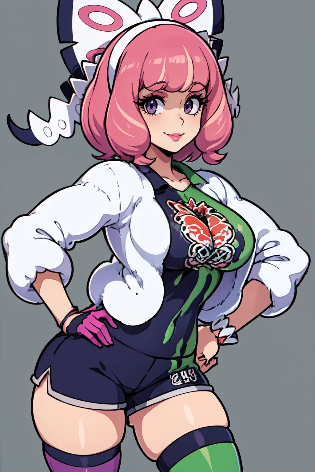 ((masterpiece,best quality)), absurdres, BREAK,, <lora:Klara_Pokemon:0.8>, zzKlara, purple eyes, pink hair, bangs, pink lips, bow, hairband, eyelashes, pink eyeshadow, bracelet, mismatched legwear, shorts, single glove, smile, thighhighs, white jacket, fur coat, , BREAK, hip to the side, hand on hip, contrapposto,, BREAK, solo, smile, looking at viewer, cowboy shot,