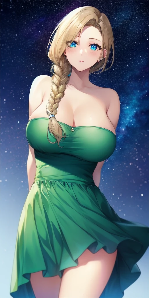 <lora:BiancaWhitakerV5:0.7> Bianca_Whitaker_single_braid, huge_breasts, standing, solo, arms_behind_back,  starry_sky, green_strapless_short_dress, masterpiece, best_quality, detailed_face, detailed_eyes, highres, beautiful, detailed, absurdres,