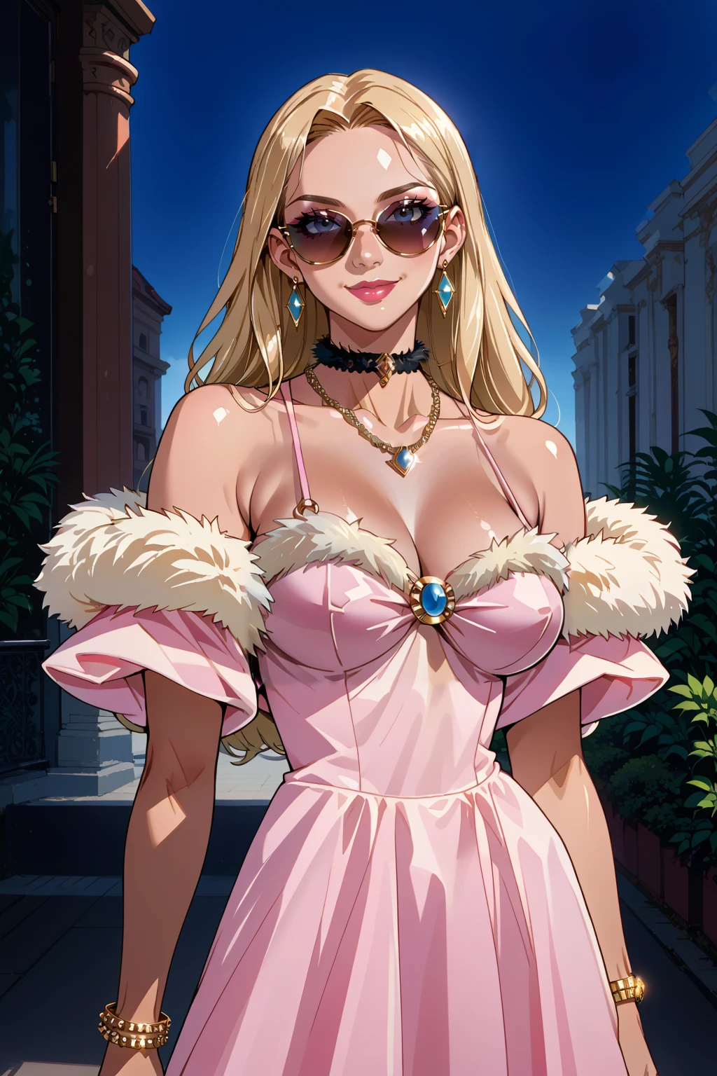 score_9, score_8_up, score_7_up BREAK source_anime,1girl,solo,smile,large breasts,fur trim,sunglasses,lipstick,puffy lips,
wearing edgprpi_dress,pink dress,long hair, looking at viewer, jewelry, earrings, necklace, bracelet, 
 <lora:edgPrettyPinkPony-000004:1>
 <lora:edgNadiaPony:0.8> nadia, sunglasses, choker,