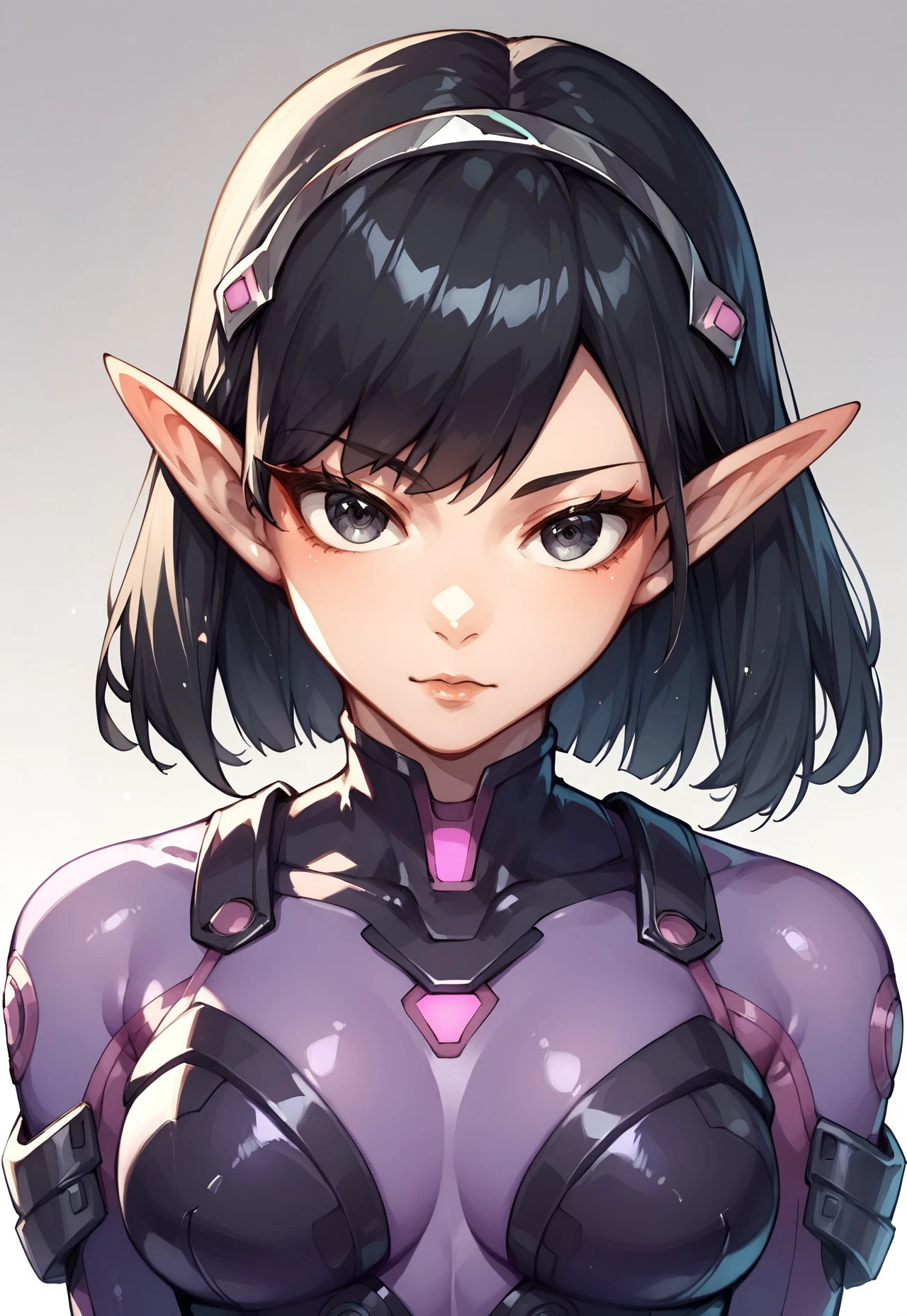 score_9, score_8_up, ying, fulldive_ying, black hair, bodysuit looking at viewer, pointy ears, purple bodysuit, black armor padding,