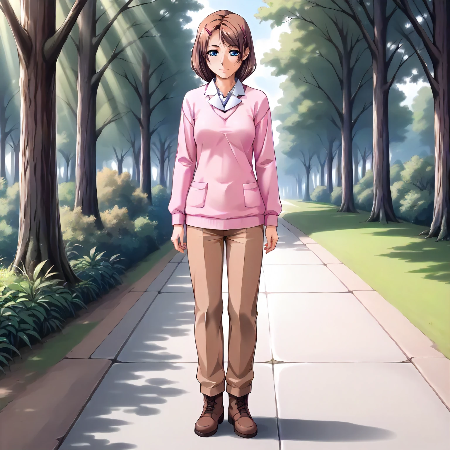 <lora:SDG_AzusaTakaiXLpony001>,
outdoors,nature,
smile,half-closed eyes,
solo,
AzusaTakai,1girl,brown hair,hairclip,low ponytail,blue eyes,
collared_shirt,pink sweater,brown pants,
ankle_boots,
standing,