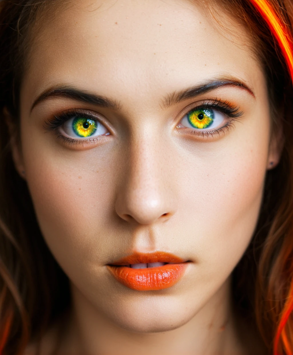 The image is a close-up of a female face, focusing intensely on the intricate details of the iris. The iris displays a vibrant array of colors, blending from deep blue on the outer edge to bright green and yellow, with a central ring of fiery orange and red around the pupil. The eye is framed by dark eyelashes and a well-defined eyebrow. The skin surrounding the eye is smooth, with a slight shimmer, indicating well-lit, high-definition photography. The overall effect is striking and captivating, highlighting the complexity and beauty of the eyeâs structure and coloration. The reflection of light on the eyeâs surface adds depth and realism to the image, making the colors of the iris stand out even more vividly.