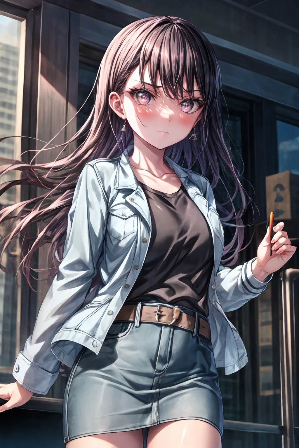 (masterpiece), best quality, expressive eyes, perfect face,takishiina, looking at viewer, blush, skirt, shirt, long sleeves, jewelry, closed mouth, standing, collarbone, jacket, cowboy shot, earrings, open clothes, belt, open jacket, blue skirt, black shirt, white jacket, denim, pencil skirt, pocket, brown belt, denim skirt, <lora:more_details:0.7>, <lora:a75fa2e0-ab76-4620-905b-87ca47d5bd7a:0.7>