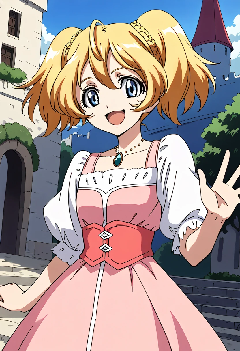 score_9, score_8_up, score_7_up, source_anime BREAK 1girl, solo, crossange_silvia, cowboy shot, pink dress, puffy short sleeves, corset, collarbone, pendant, blonde hair, short twin tails, bangs, blue eyes, looking at you, smile, open mouth, waving hand, castle <lora:crossange_silvia:1>