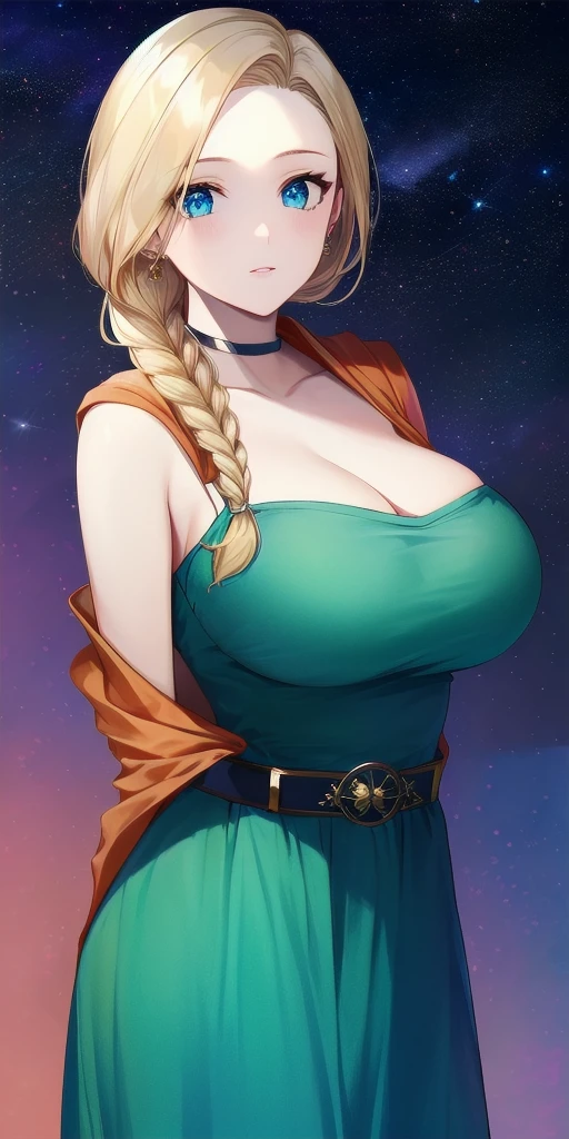 <lora:BiancaWhitakerV5:0.7> Bianca_Whitaker_single_braid, huge_breasts, standing, solo, arms_behind_back,  starry_sky, green_strapless_short_dress_orange_cape_belt_choker, masterpiece, best_quality, detailed_face, detailed_eyes, highres, beautiful, detailed, absurdres,