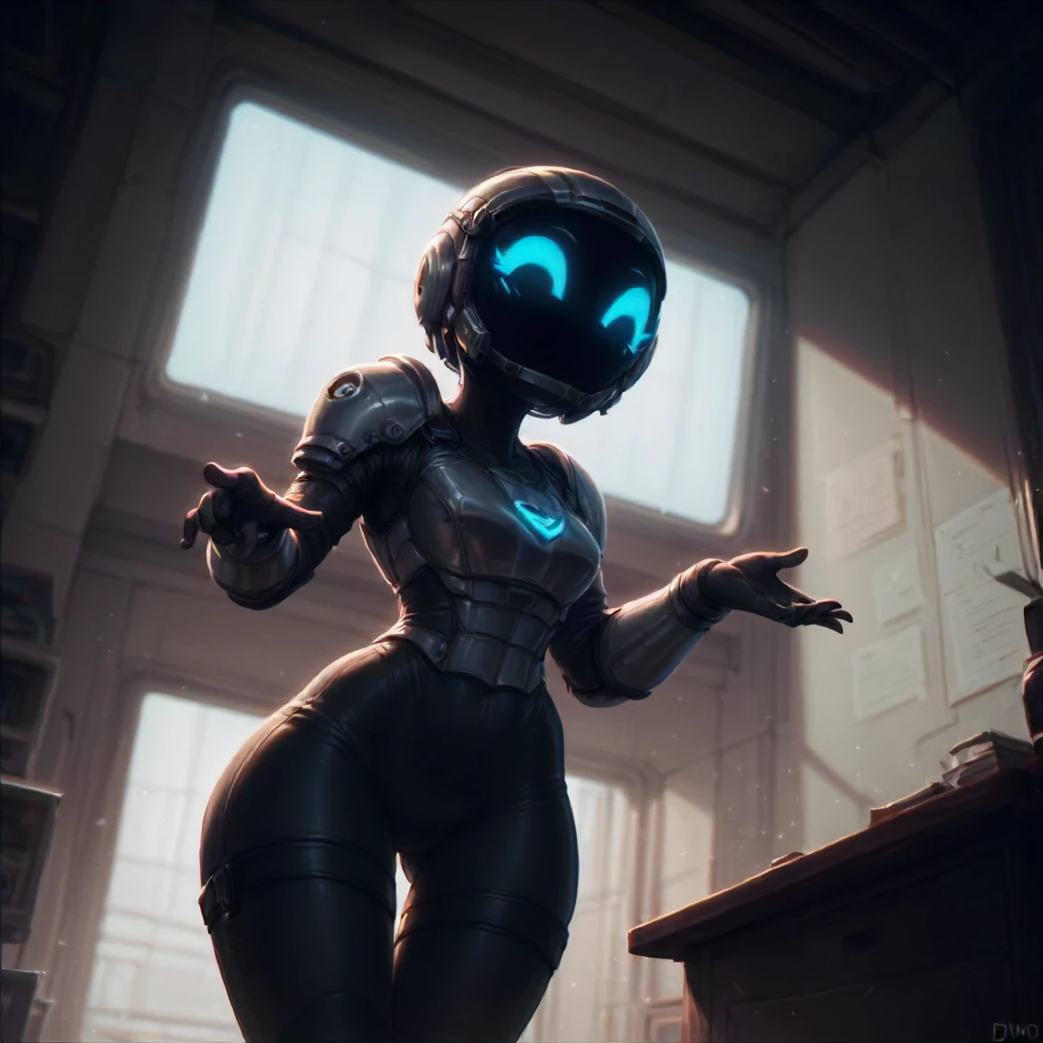 Score_9, Score_8_up, Score_7_up, volumetric_lighting, chiaroscuro_lighting, shaders, 1girl, screen-face, helmet, thigh_highs, armor, cute_pose, wide_hips, low_angle, hips_focus, teasing, inviting, dim_neon_light, interior, embedded:detailxl,

