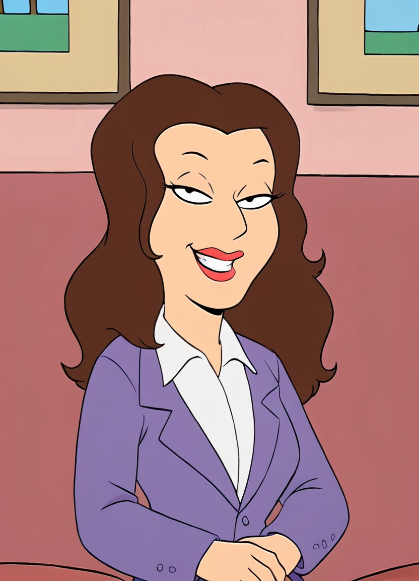 <lora:DrAmandaRebeccaFGPony:1> Dr.AmandaRebecca, 1girl, solo, brown hair, long hair, purple jacket, smile, jacket, shirt, lipstick, formal, suit, red lips, collared shirt, makeup, grin, white shirt, upper body, score_9, score_8_up, score_7_up, score_6_up, score_5_up, score_4_up, looking at viewer,sitting, couch,