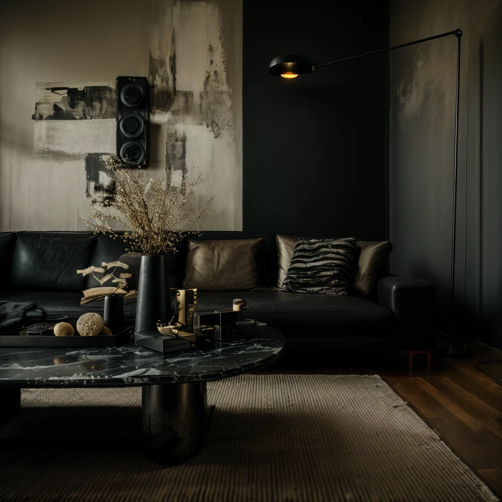 photography, photography, black living room, black leather sofa, dark brown wool pillows, (old black wooden floor), black metallic marble table, (black rough carpet), black and gold table decorations, black gold wall, black modern floor lamp, black ceiling, natural light, wide shot, (black color), <lora:MM2-BLACK LIVINGROOM:0.3>, RAW photo, subject, 8k uhd, dslr, high quality, film grain, Fujifilm XT3