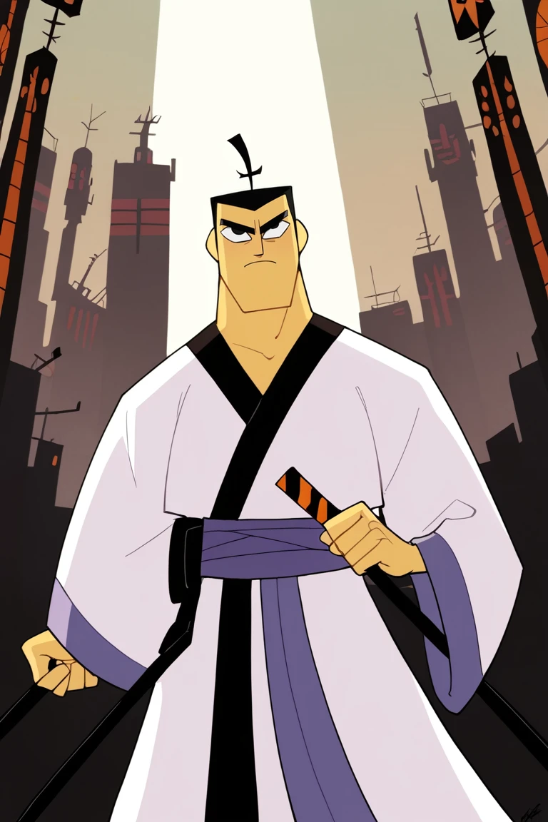 score_9, score_8_up, score_7_up, score_6_up, perfect anatomy, perfect proportions, best quality, masterpiece, high_resolution, high quality, aesthetic, absurdres, (male focus), solo male, source_cartoon \(Samurai Jack\), cartoon coloring \(Samurai Jack\), Samurai Jack\(Cartoon Network\), Berjack, black hair, short hair, samurai topknot, single topknot, black eyes, japanese clothing, white kimono with grey accents, wide sleeves, white Nagajuban \(japanese clothing\), Nagajuban \(japanese clothing\), geta\(footwear\), adult, mature, masculine, manly, handsome, charming, alluring, standing, upper body, dutch angle, cowboy shot, 2d, flat, fine art parody, science fiction, future city<lora:EMS-452775-EMS:0.800000>