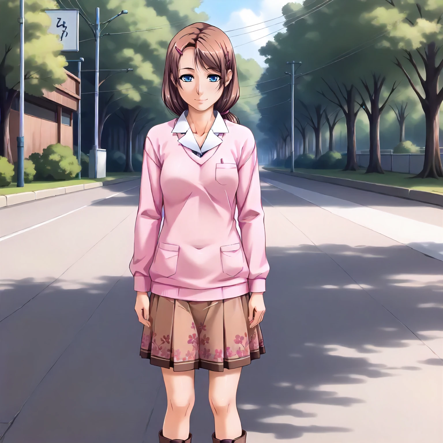 <lora:SDG_AzusaTakaiXLpony001>,
outdoors,nature,
smile,half-closed eyes,
solo,
AzusaTakai,1girl,brown hair,hairclip,low ponytail,blue eyes,
collared_shirt,pink sweater,brown print skirt,
ankle_boots,
standing,